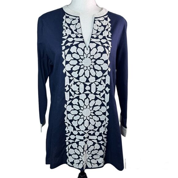 Vineyard Vines Blue/White 3/4 Sleeve Appliqué Tunic Top Blouse Women’s Sz M - Picture 1 of 10
